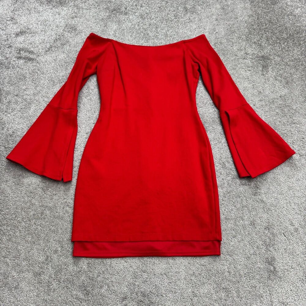 Lulus Off Shoulder Bell Long Sleeve Bodycon Mini Dress Womens Small Red Stretch